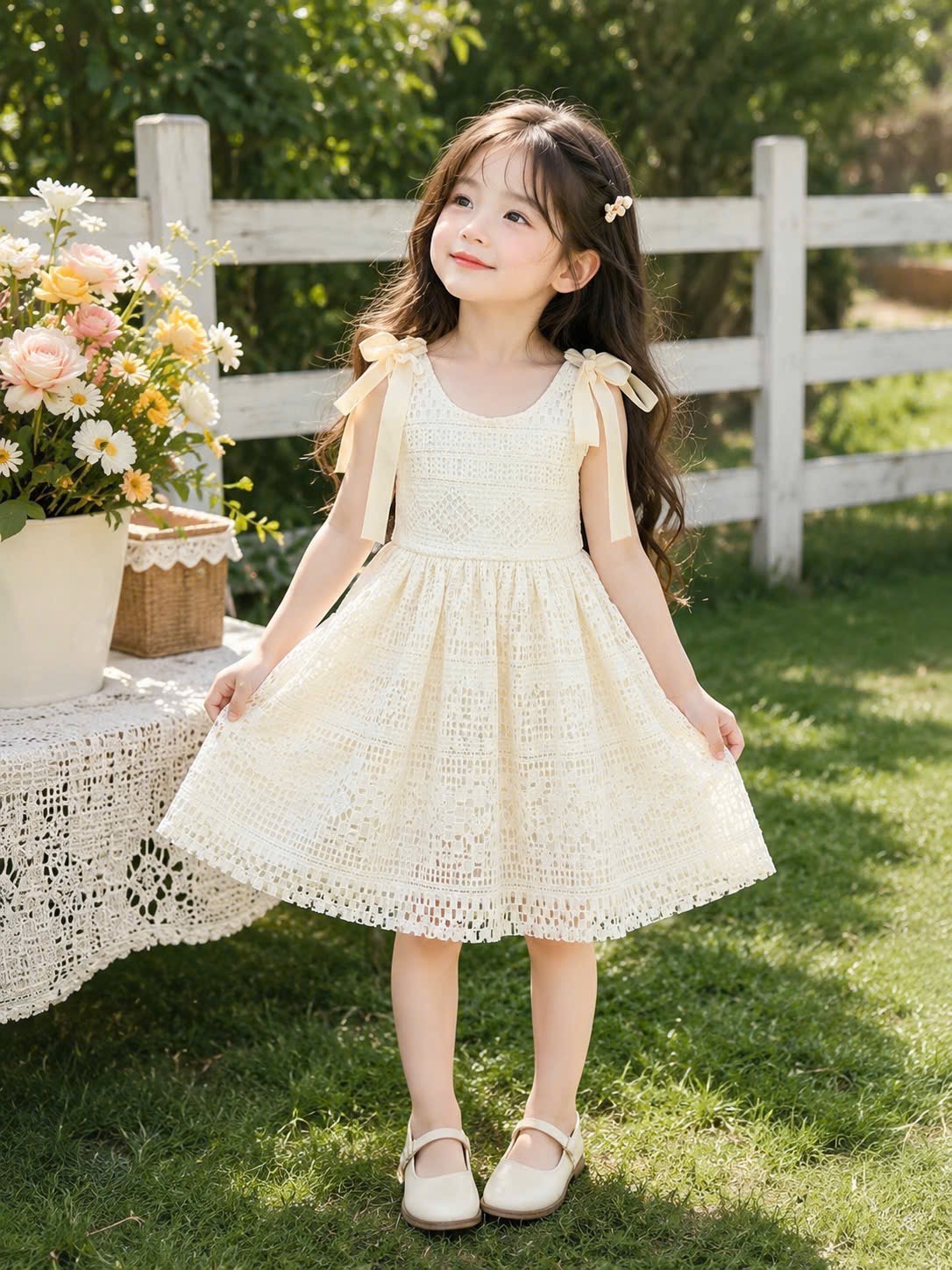 Sét váy kem lưới bé gái