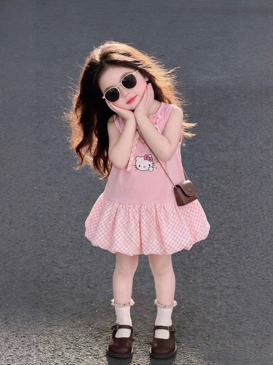 Sét váy ktty hồng thân kẻ sn bé gái