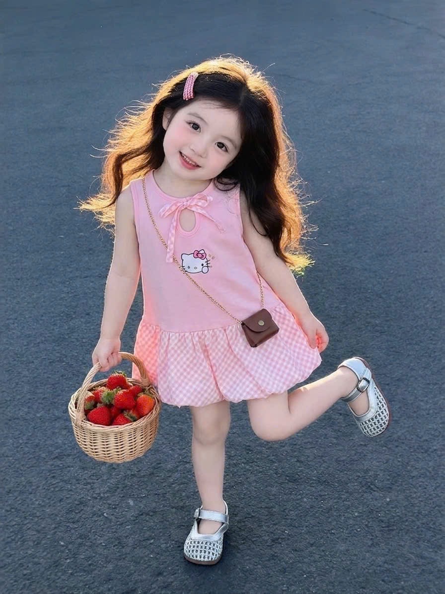 Sét váy ktty hồng thân kẻ sn bé gái