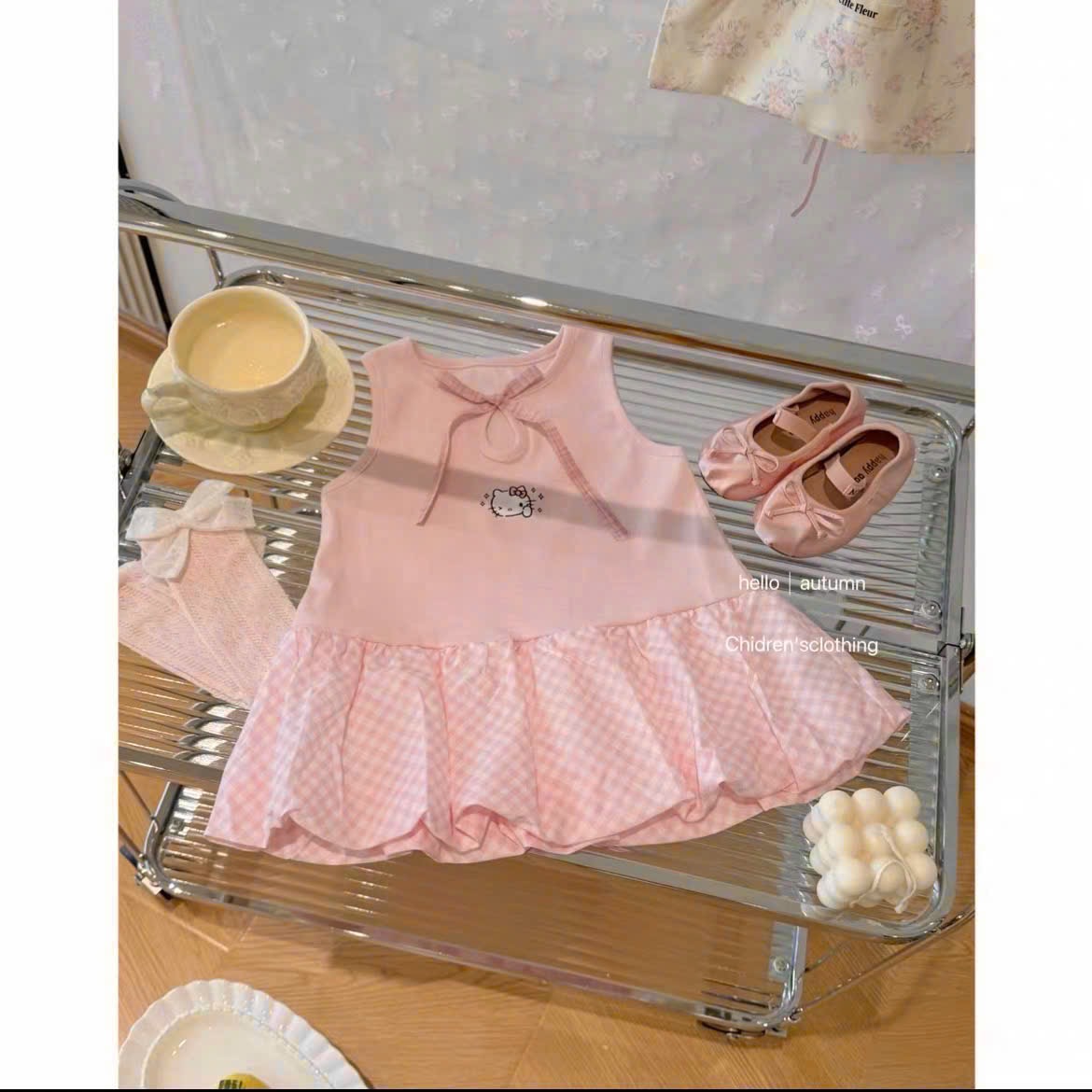 Sét váy ktty hồng thân kẻ sn bé gái