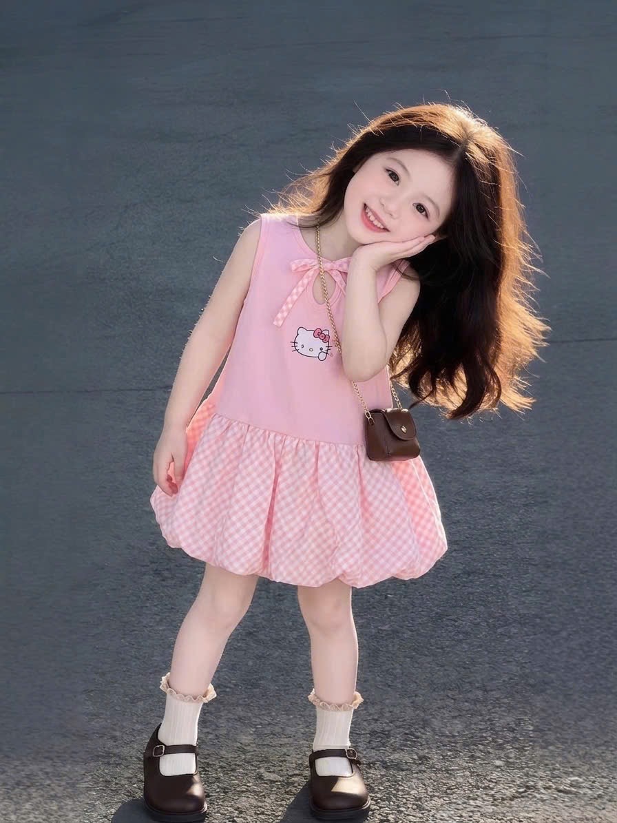 Sét váy ktty hồng thân kẻ sn bé gái