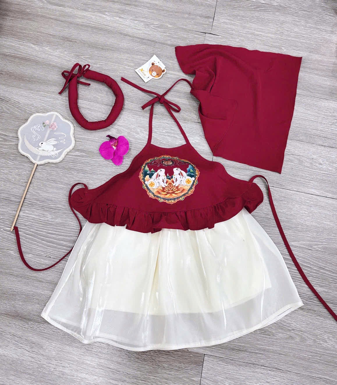 Sét yếm đào thỏ kèm mấn và khăn trung thu bé gái