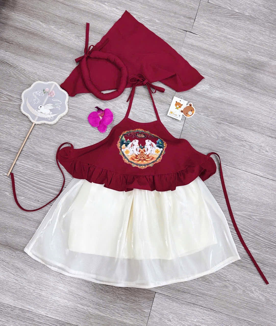 Sét yếm đào thỏ kèm mấn và khăn trung thu bé gái