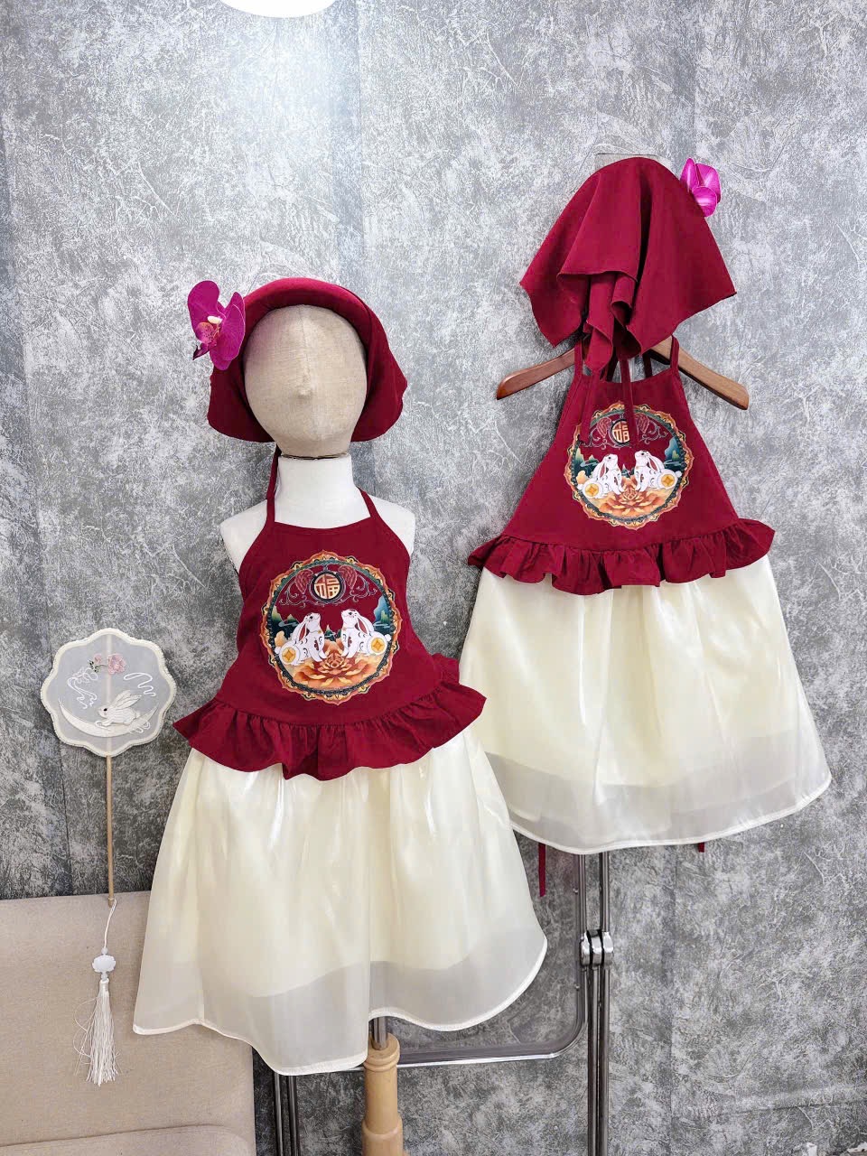 Sét yếm đào thỏ kèm mấn và khăn trung thu bé gái