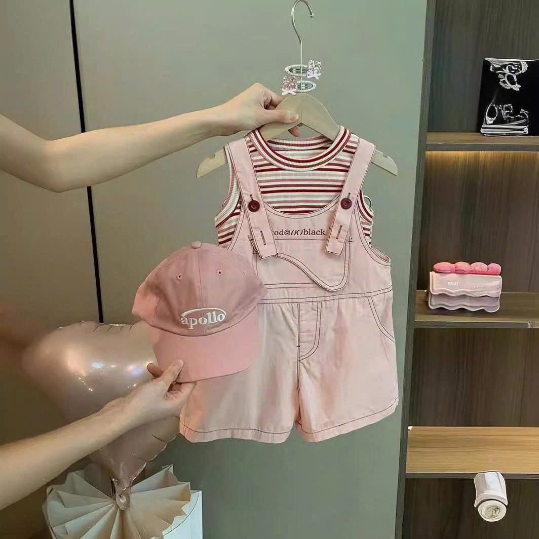 Sét yếm kaki hồng kèm áo xk bé gái