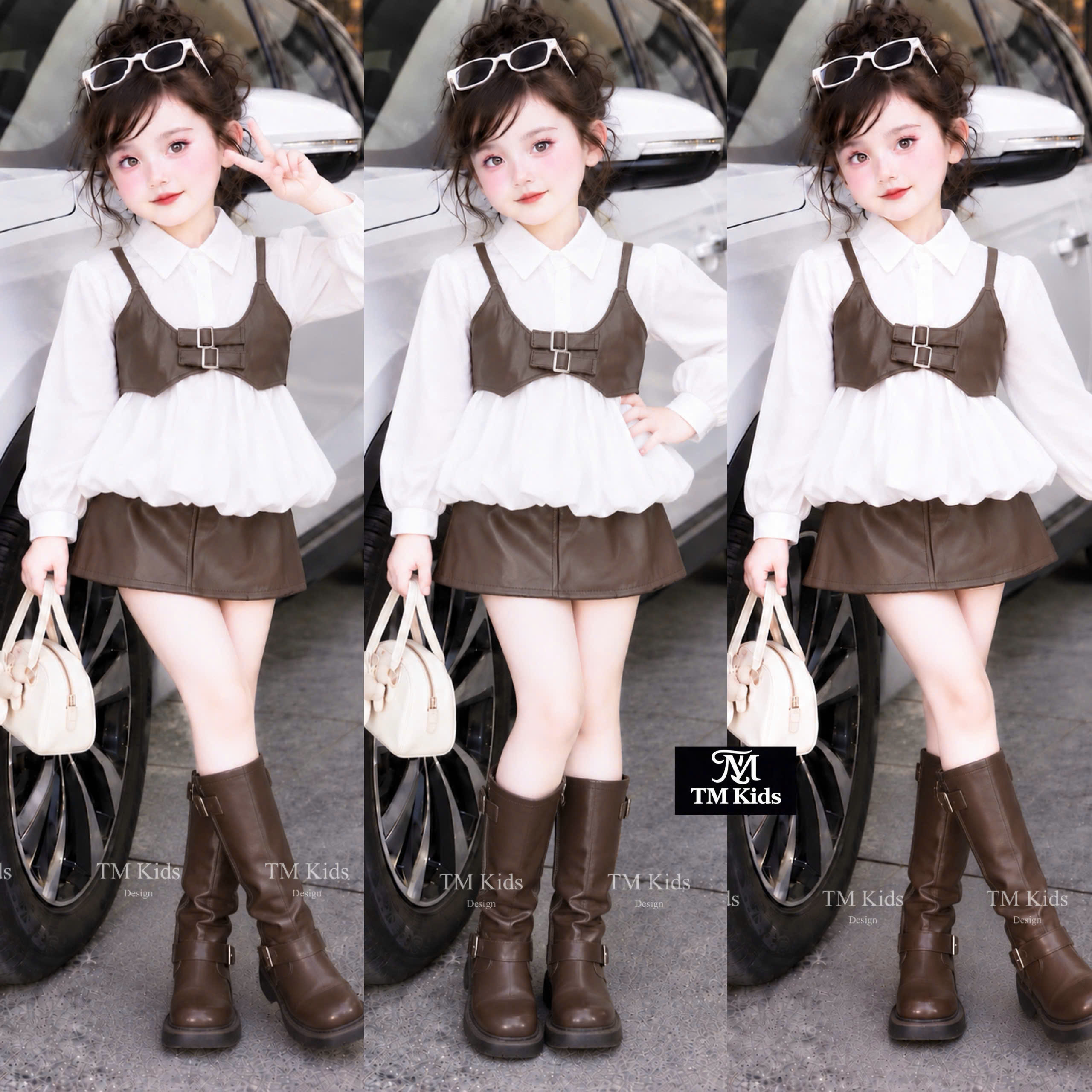 Sơ mi trắng dáng bồng xinh xắn Áo corset + chân váy da nâu cực sang