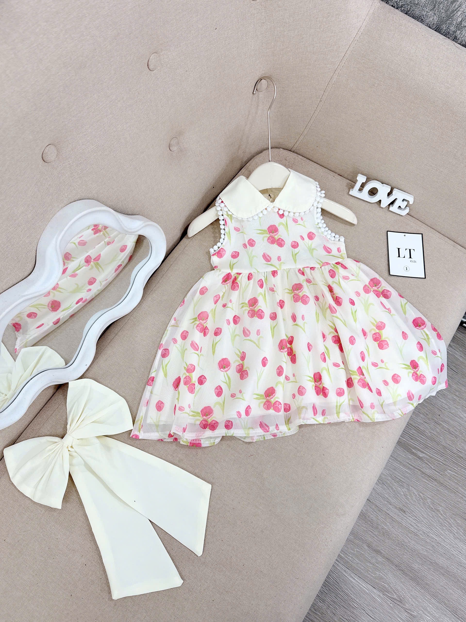 VÁY TUYLIP CỔ TRÒN BÉ GÁI kèm nơ rời