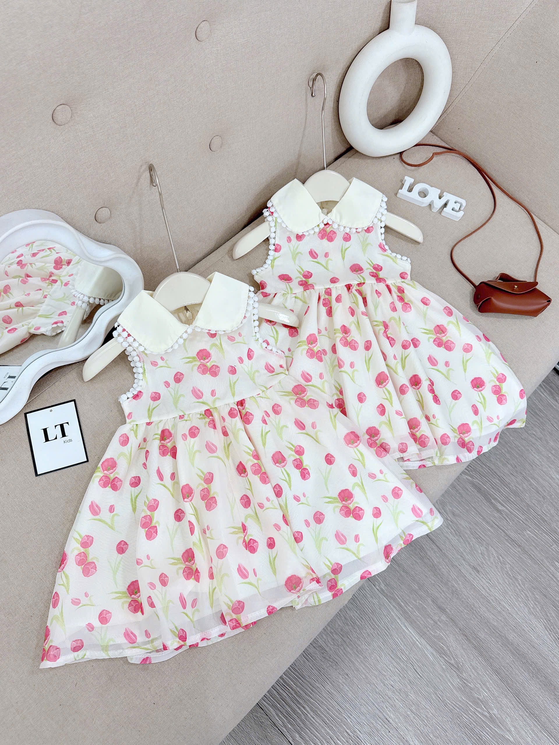 VÁY TUYLIP CỔ TRÒN BÉ GÁI kèm nơ rời