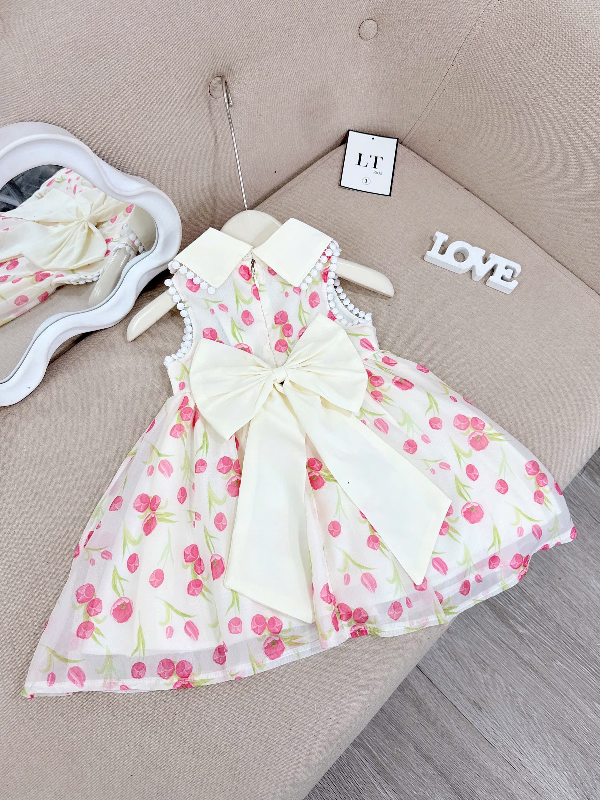 VÁY TUYLIP CỔ TRÒN BÉ GÁI kèm nơ rời