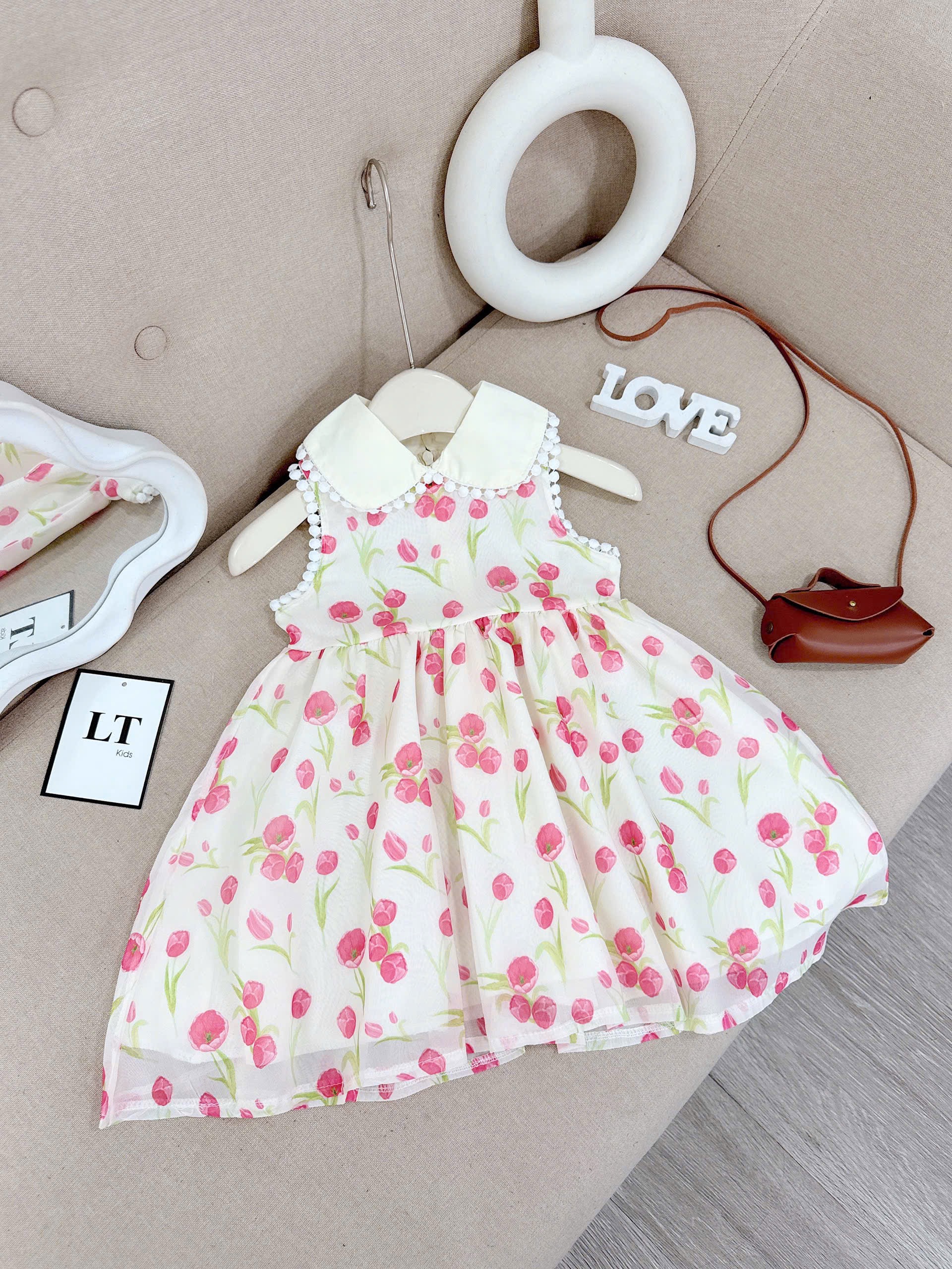 VÁY TUYLIP CỔ TRÒN BÉ GÁI kèm nơ rời