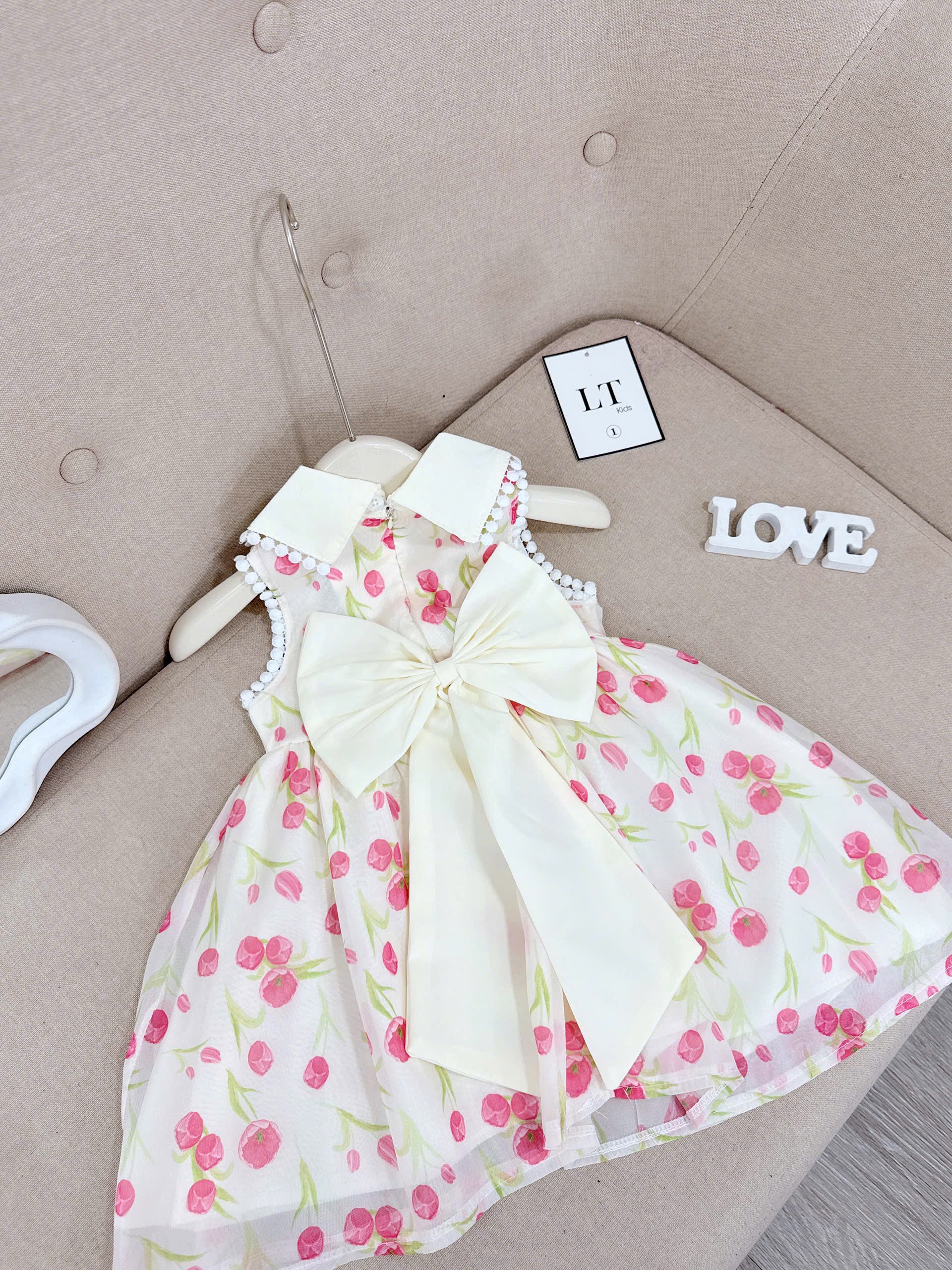 VÁY TUYLIP CỔ TRÒN BÉ GÁI kèm nơ rời