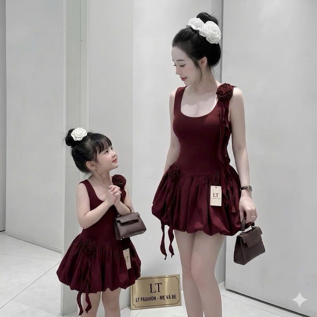 Váy 2 dây thân bồng tag hoa rời lt bé gái
