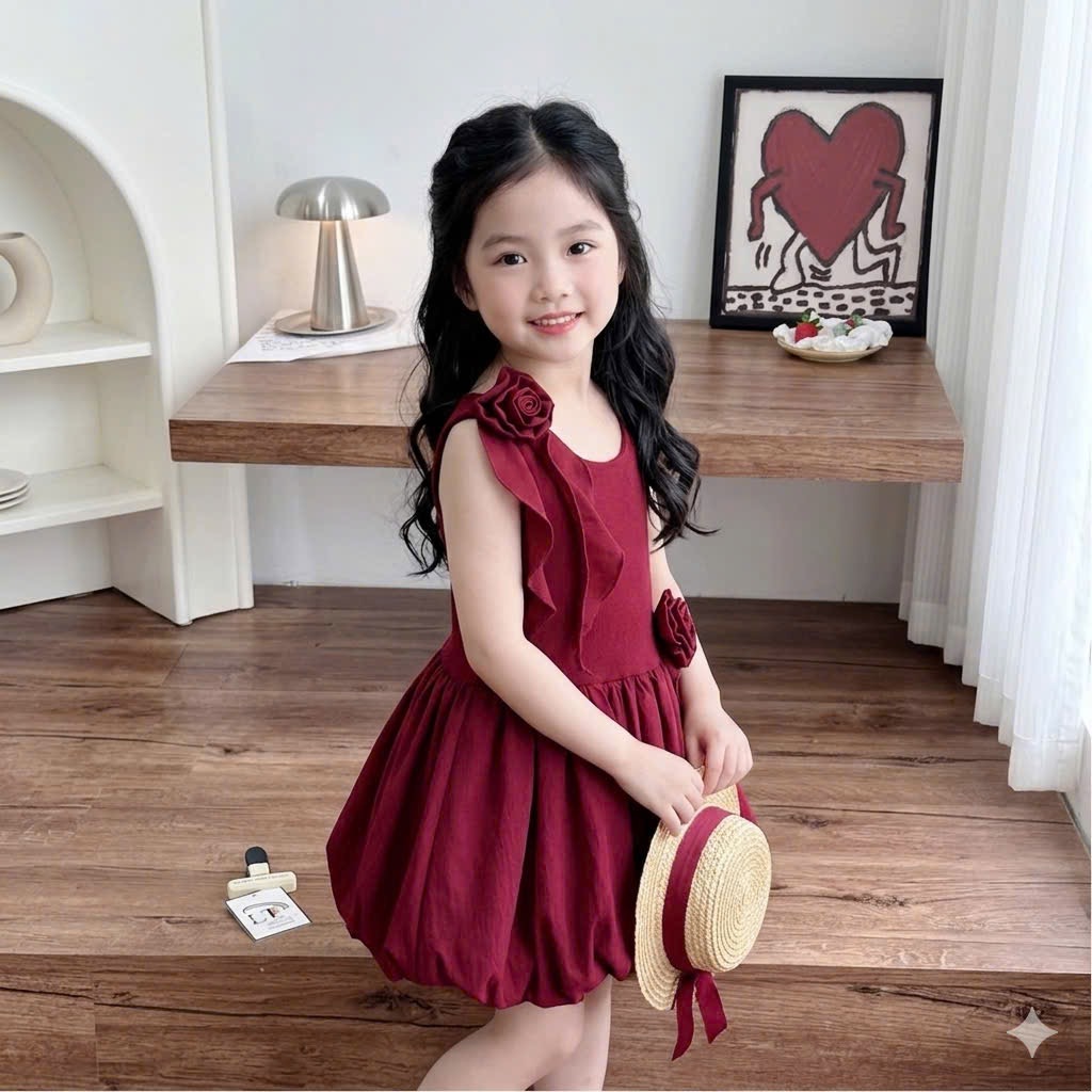 Váy 2 dây thân bồng tag hoa rời lt bé gái