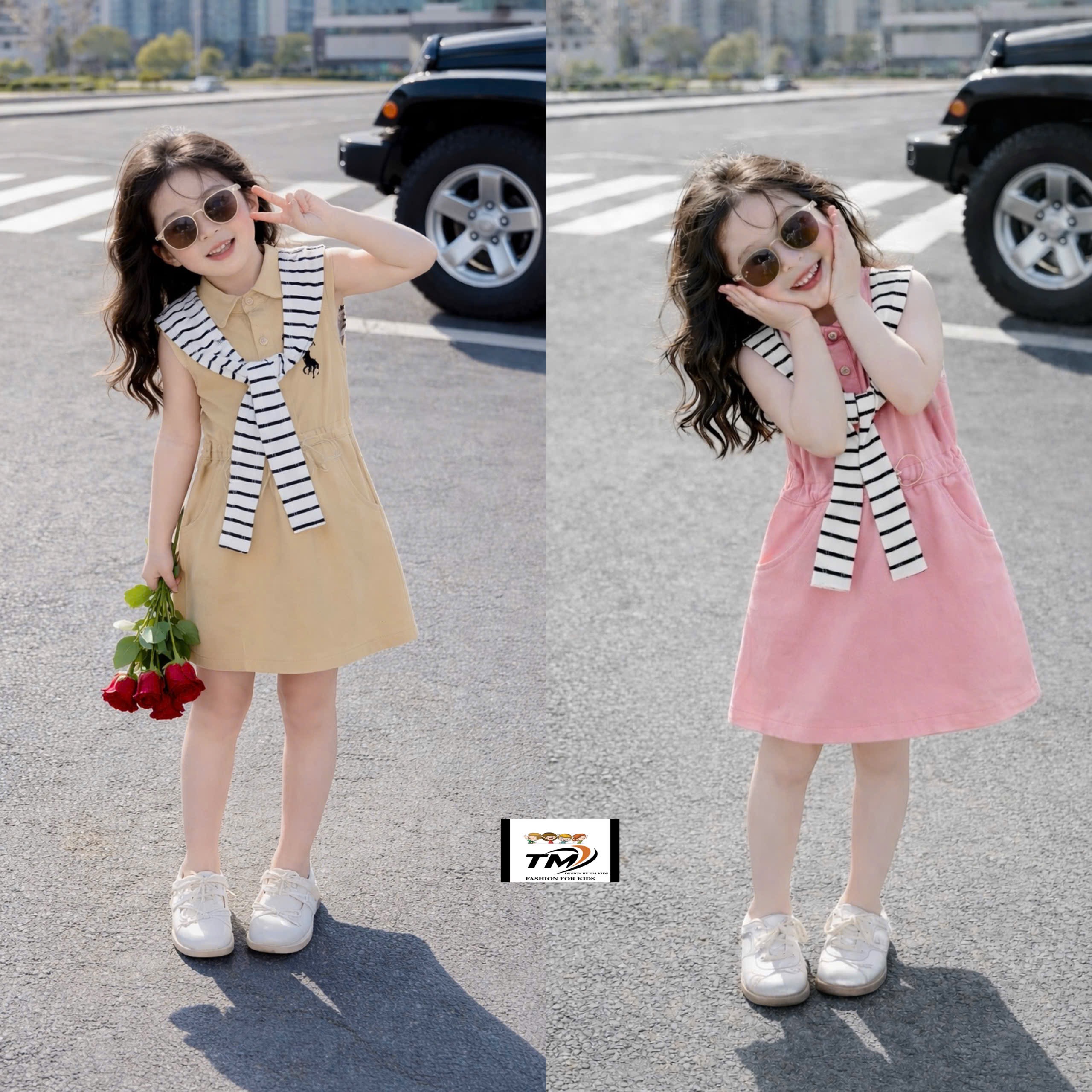 Váy bo eo kèm khăn kẻ bé gái