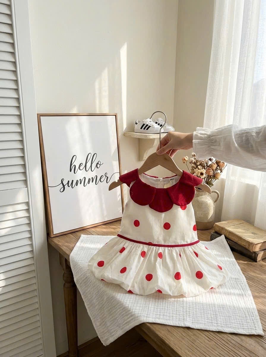 Váy bồng chấm bi đỏ bé gái