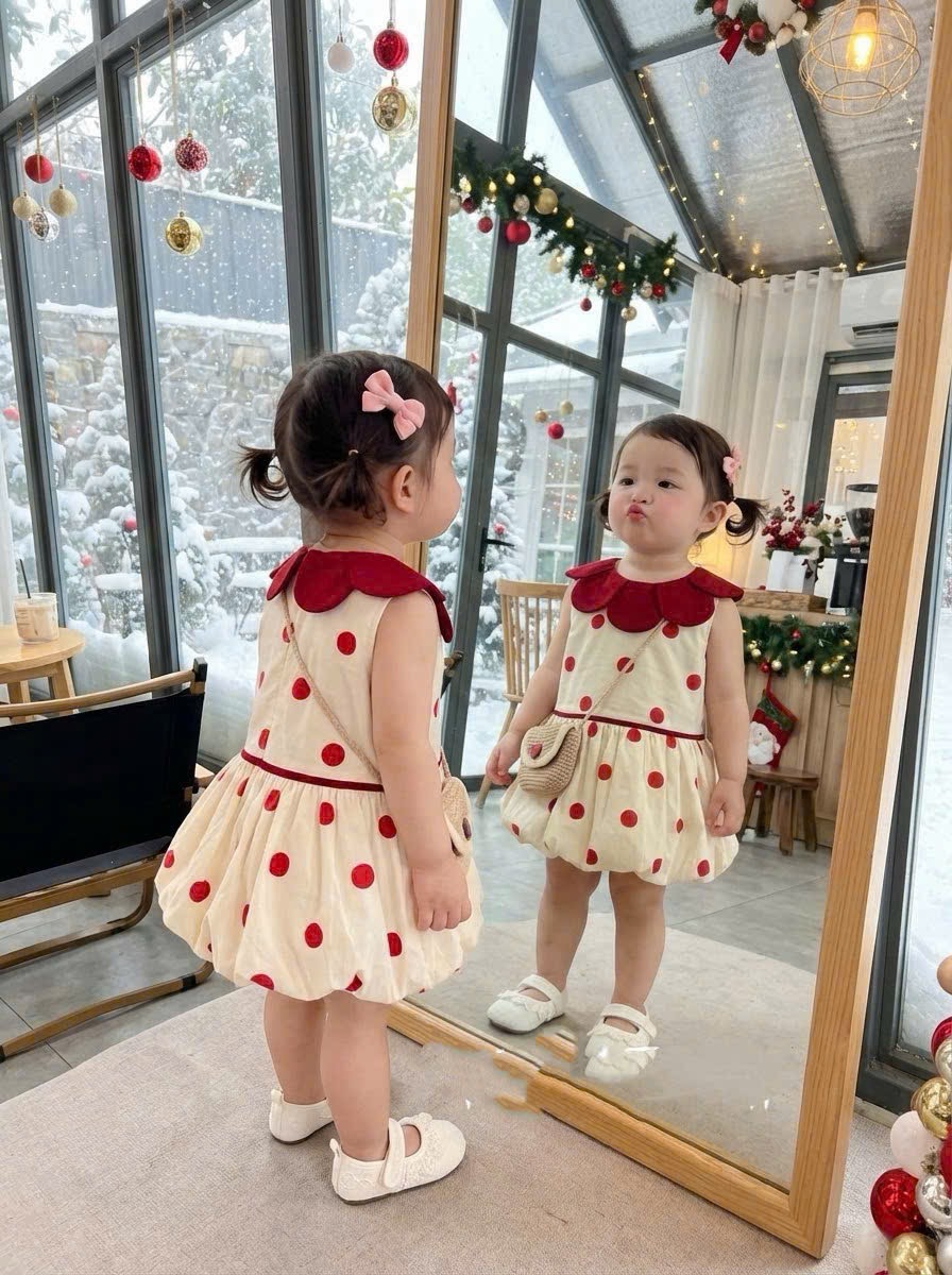Váy bồng chấm bi đỏ bé gái