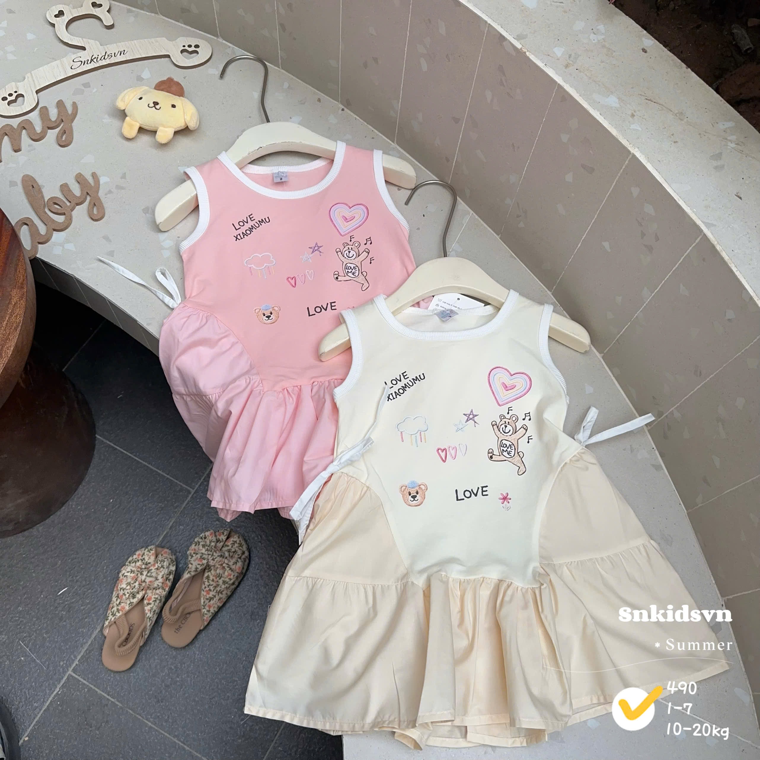 Váy cotton phối thô xinh bé gái