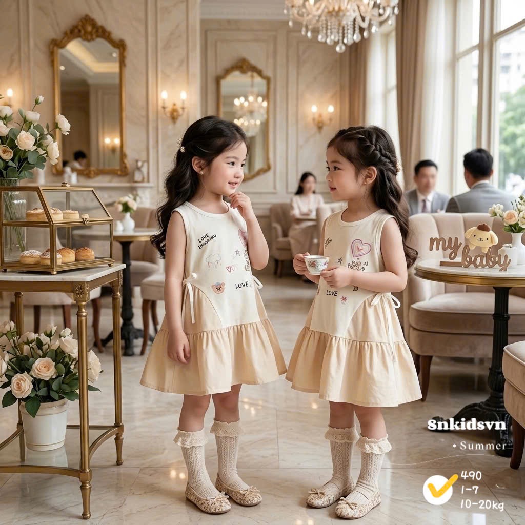 Váy cotton phối thô xinh bé gái