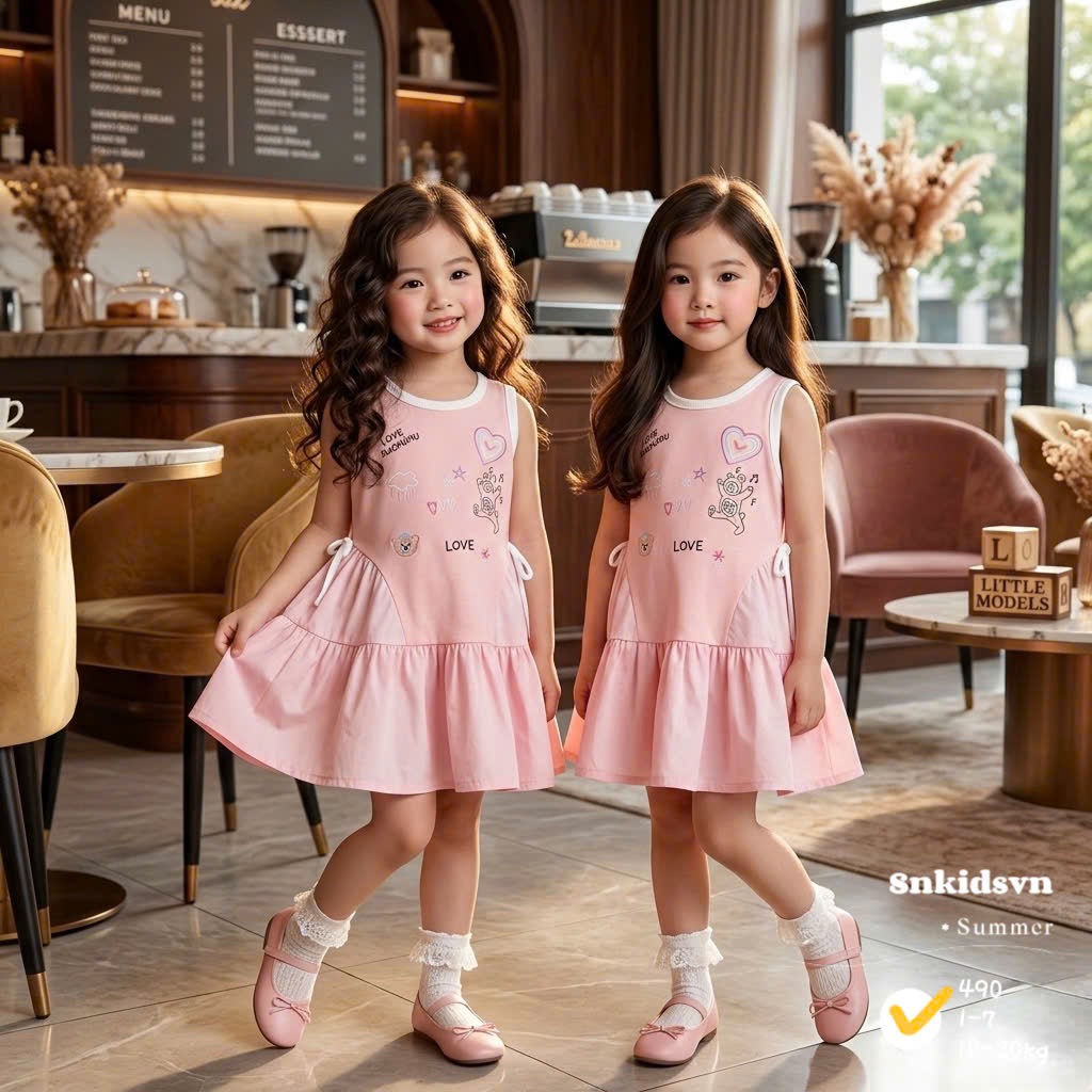 Váy cotton phối thô xinh bé gái