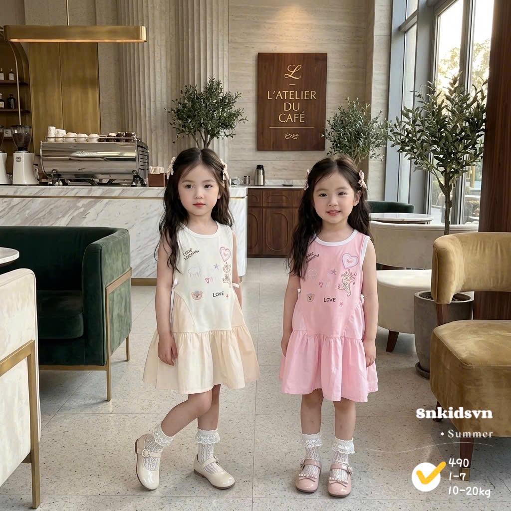 Váy cotton phối thô xinh bé gái