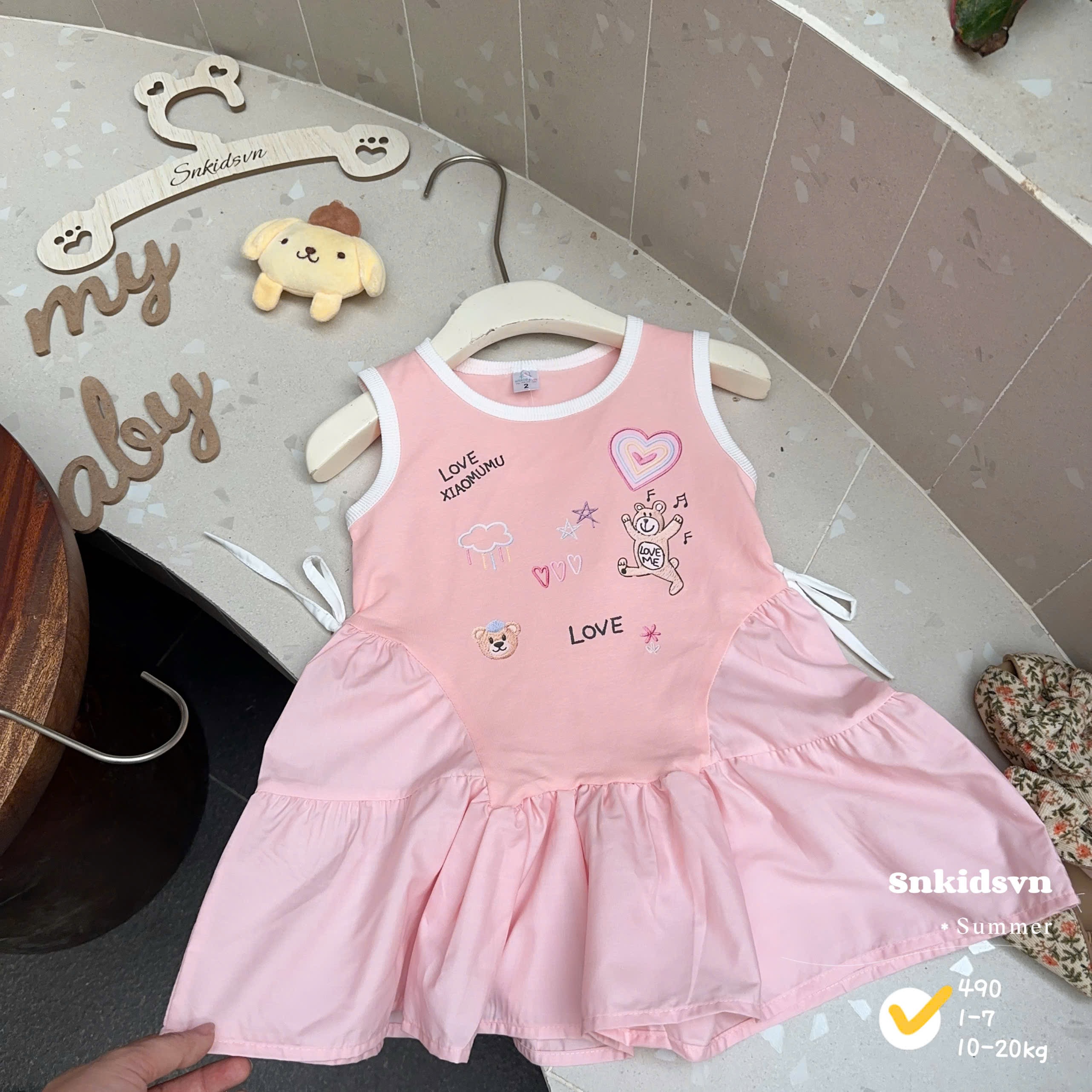 Váy cotton phối thô xinh bé gái