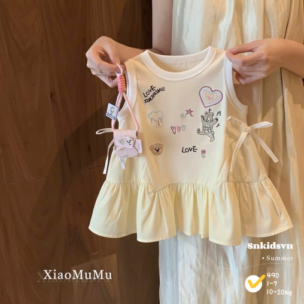 Váy cotton phối thô xinh bé gái