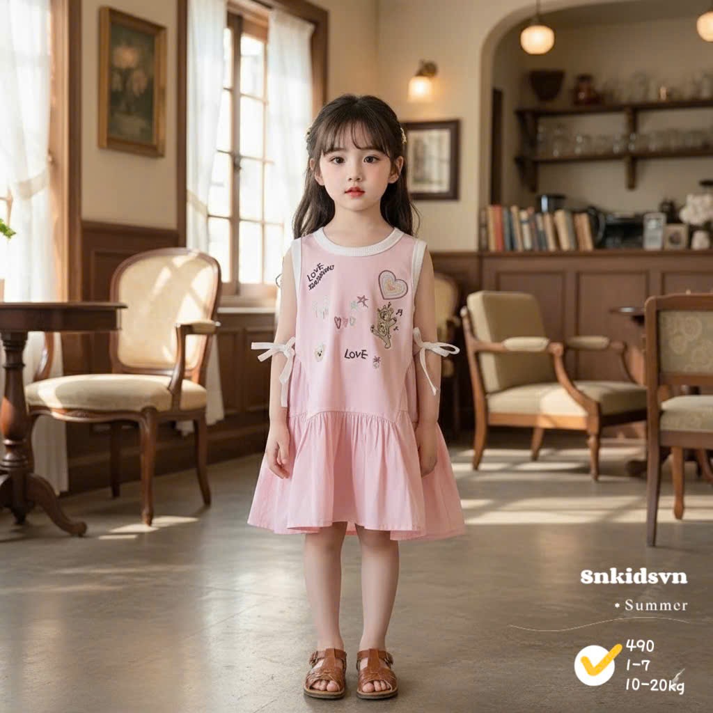 Váy cotton phối thô xinh bé gái