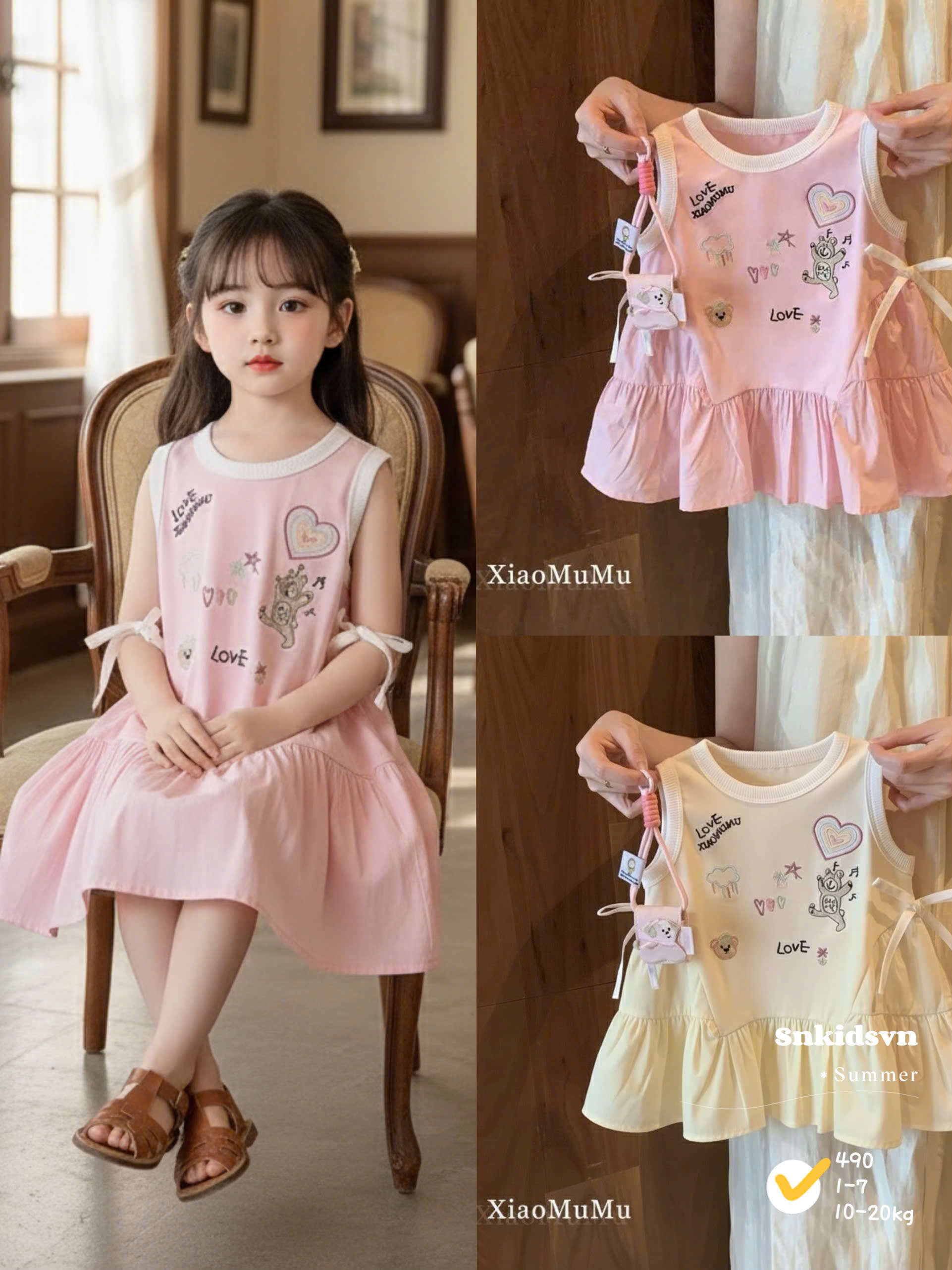 Váy cotton phối thô xinh bé gái