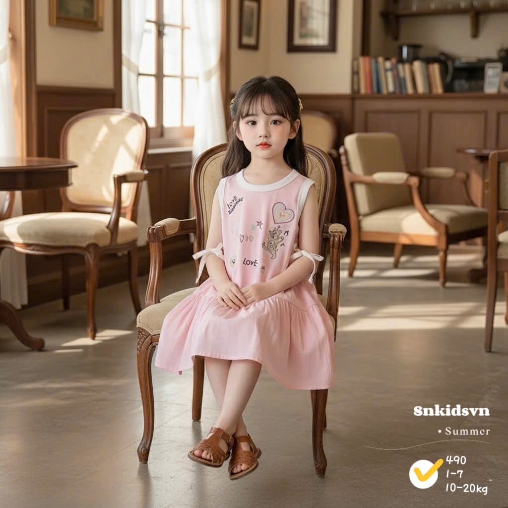 Váy cotton phối thô xinh bé gái