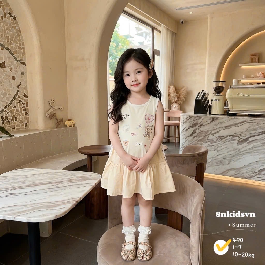 Váy cotton phối thô xinh bé gái