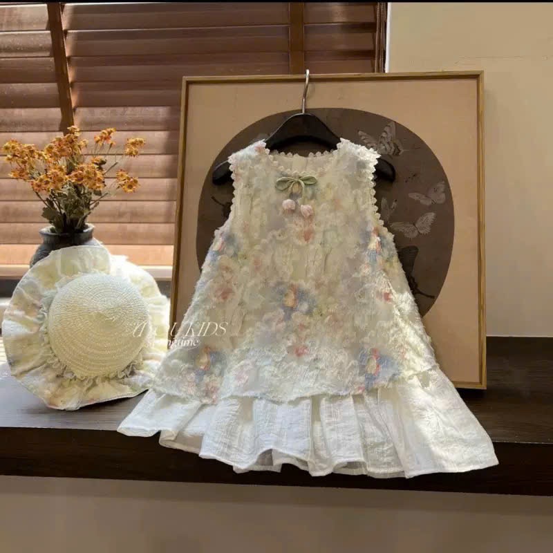 Váy hoa tuy lip xanh kèm mũ bé gái xk