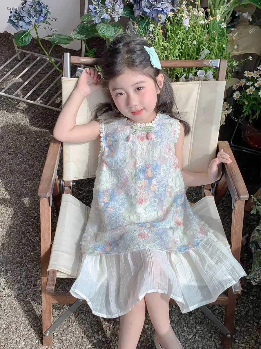 Váy hoa tuy lip xanh kèm mũ bé gái xk