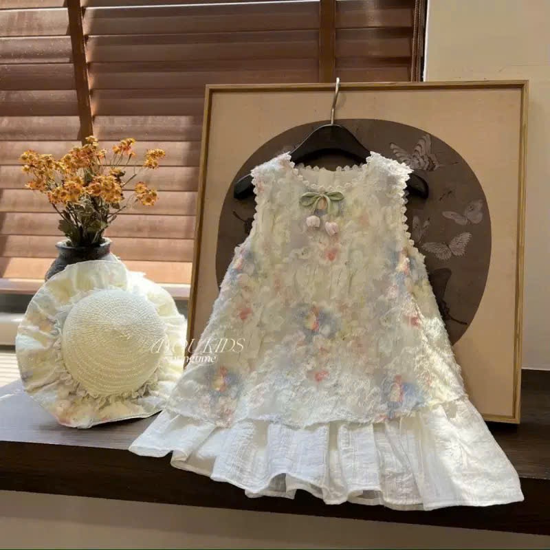 Váy hoa tuy lip xanh kèm mũ bé gái xk