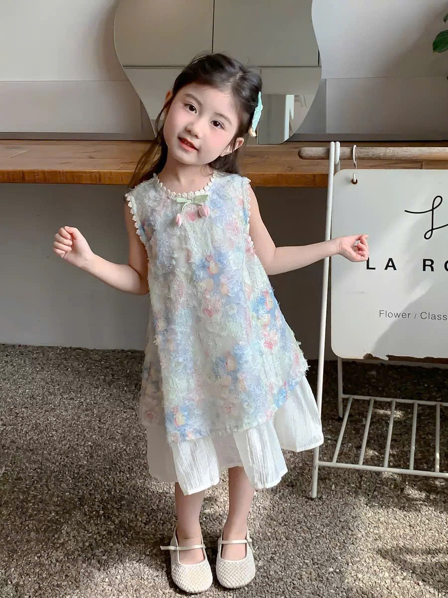 Váy hoa tuy lip xanh kèm mũ bé gái xk