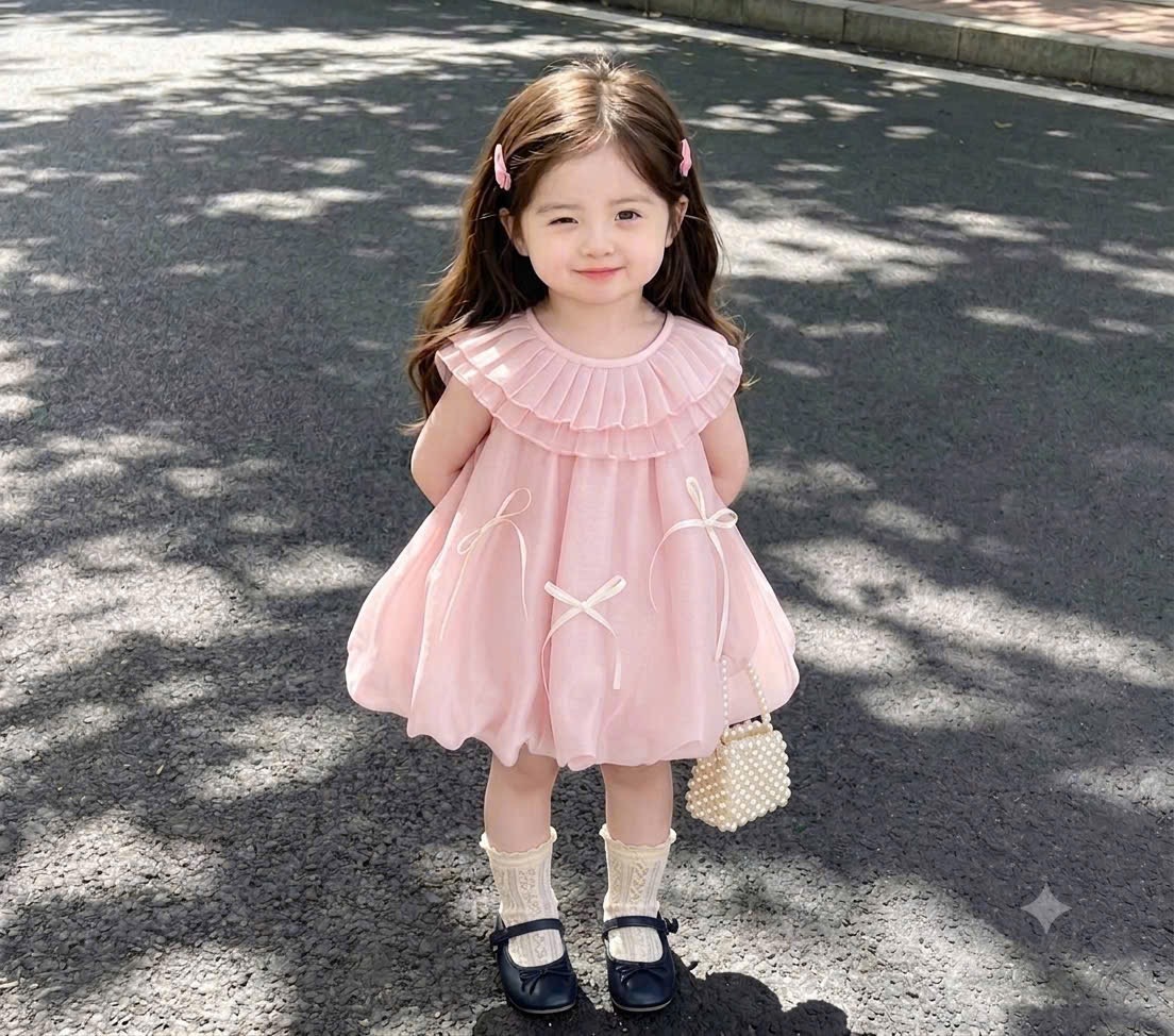 Váy hồng bồng cổ tròn tk bé gái
