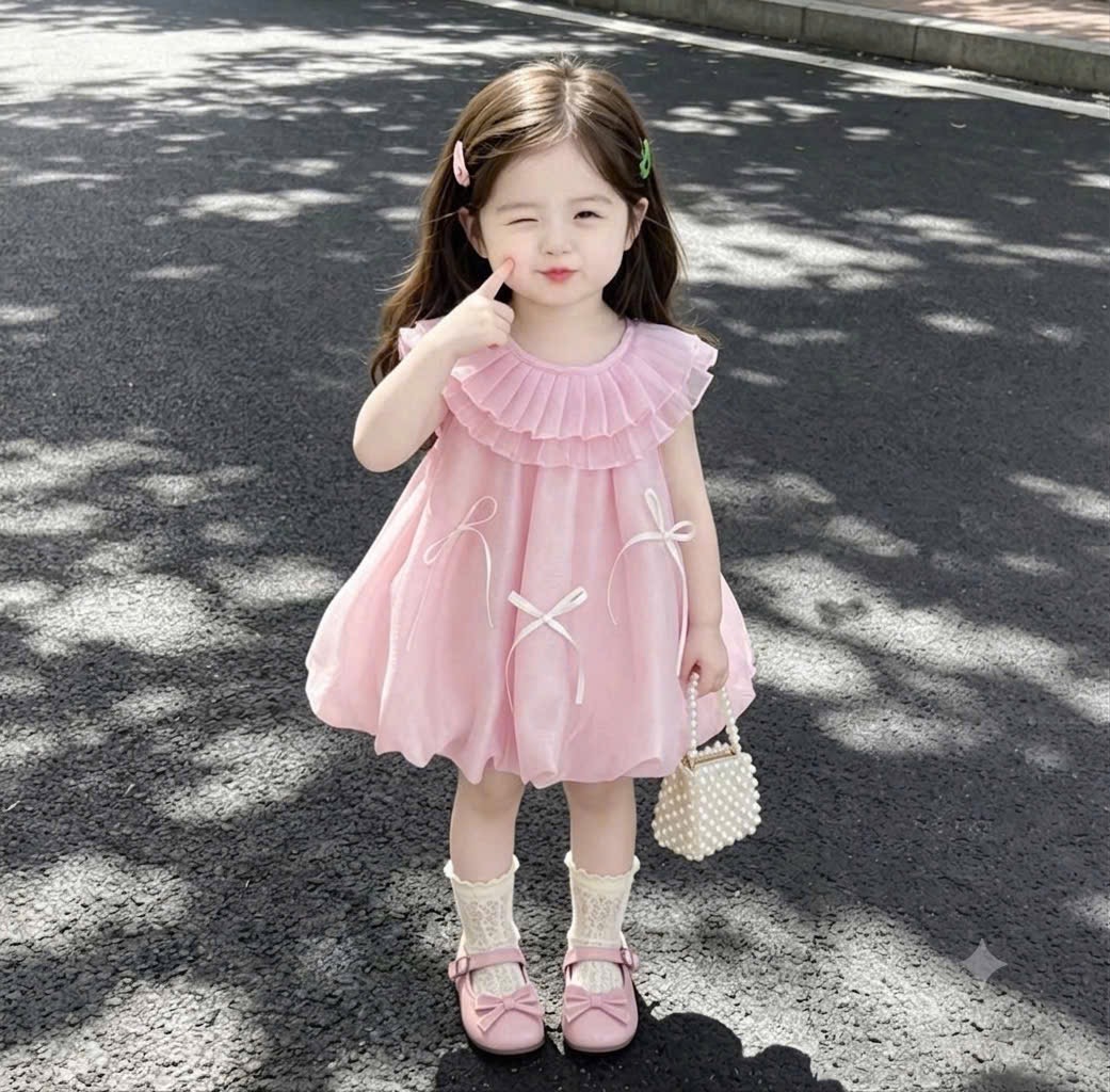 Váy hồng bồng cổ tròn tk bé gái