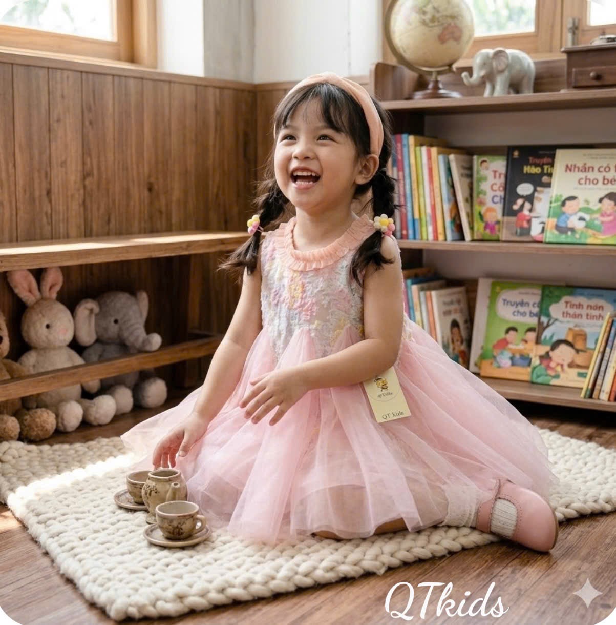 Váy phối thân voan hồng xinh bé gái