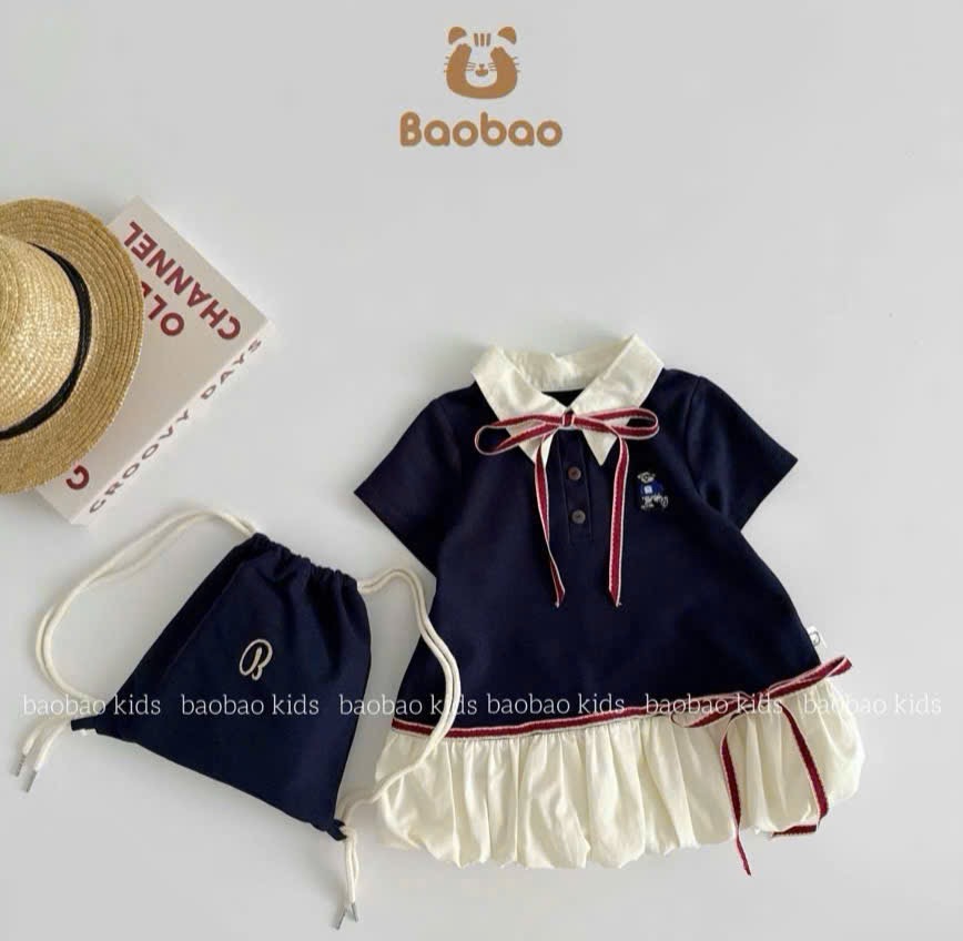 Váy xanh than thân bồng kèm túi bé gái