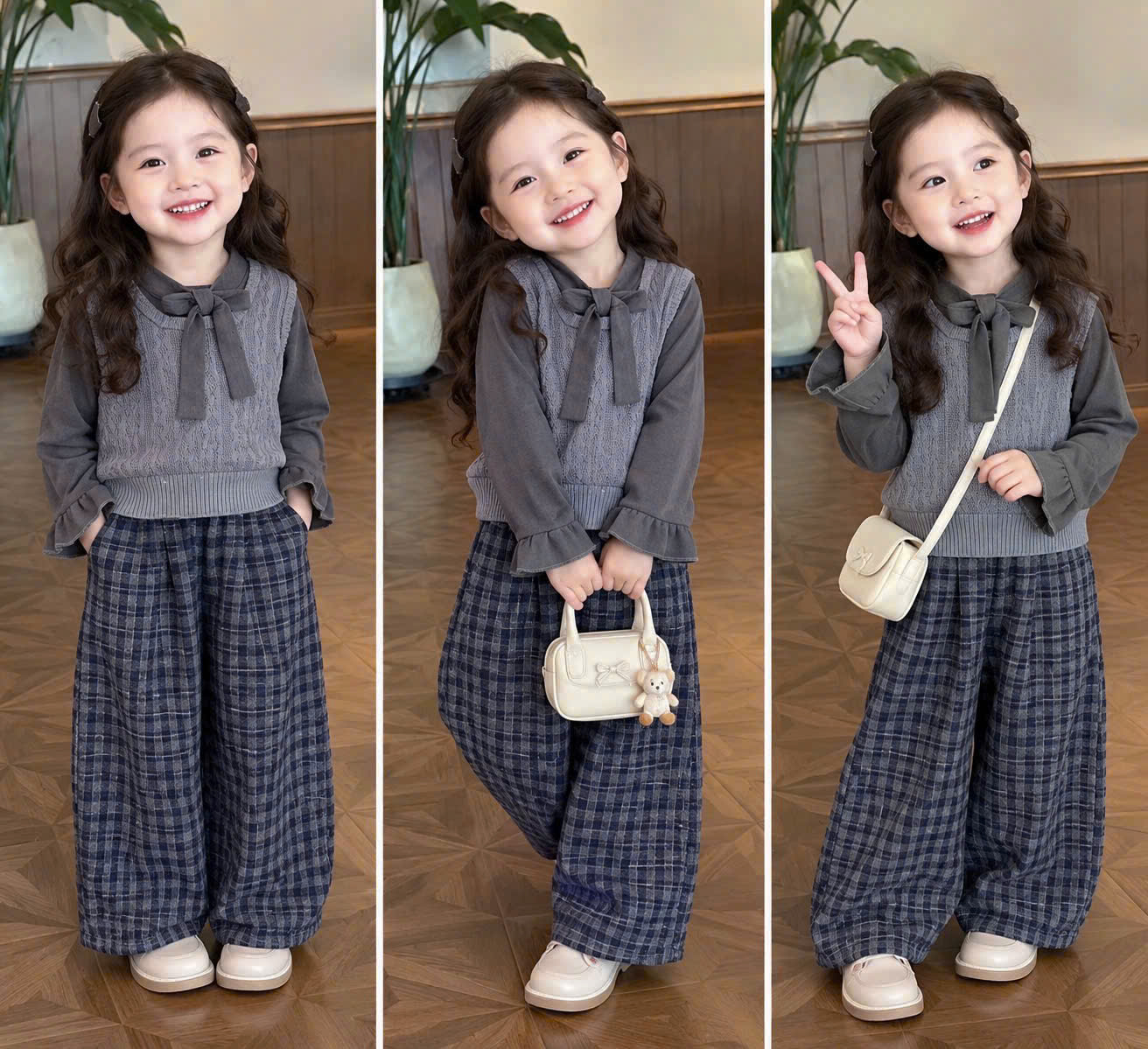 sét 3 chi tiết quần kẻ xuông caro bé gái xk