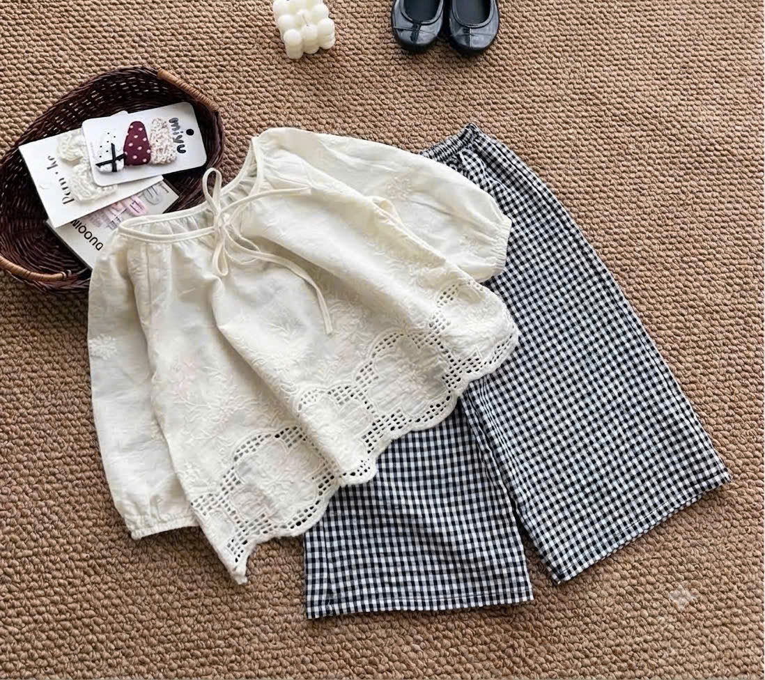 sét áo babydoll quần xuông kẻ tk bé gái