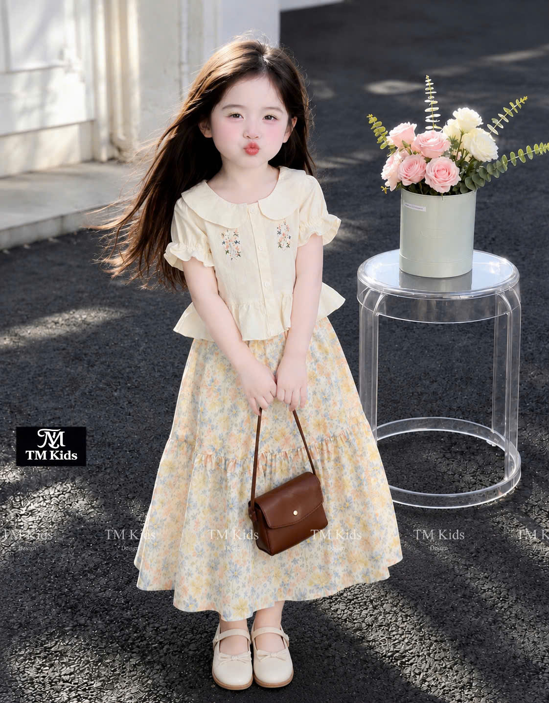 sét áo cổ sen chân váy hoa xòe bé gái