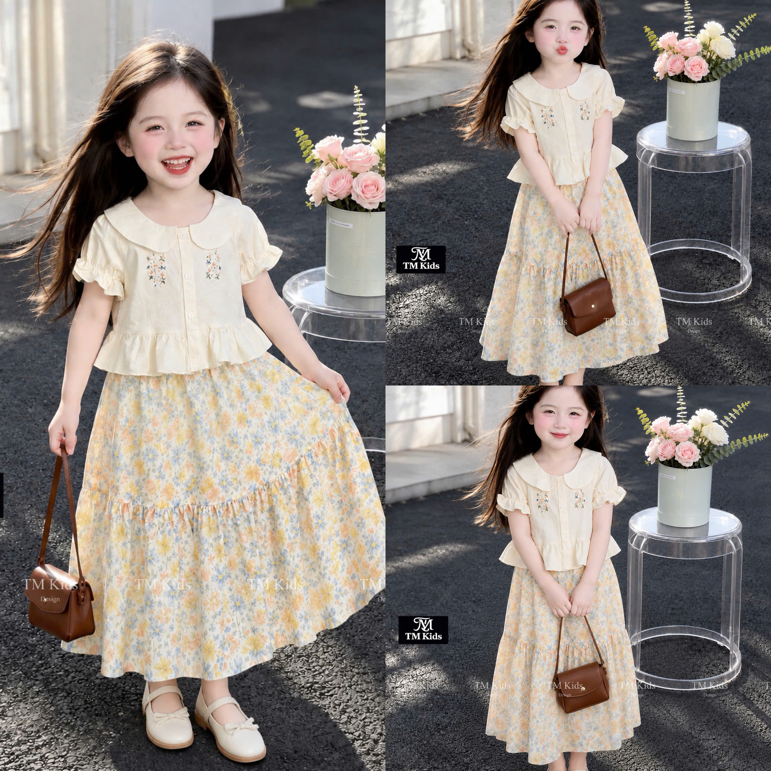sét áo cổ sen chân váy hoa xòe bé gái