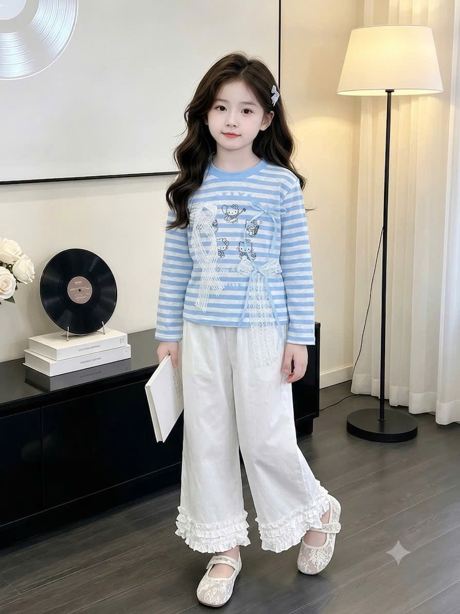 sét áo kẻ dài quần xuông gấu bèo lt bé gái