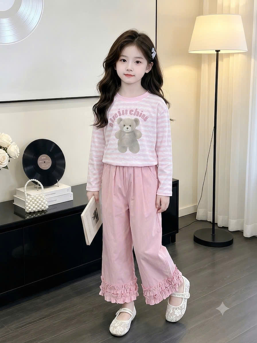 sét áo kẻ dài quần xuông gấu bèo lt bé gái