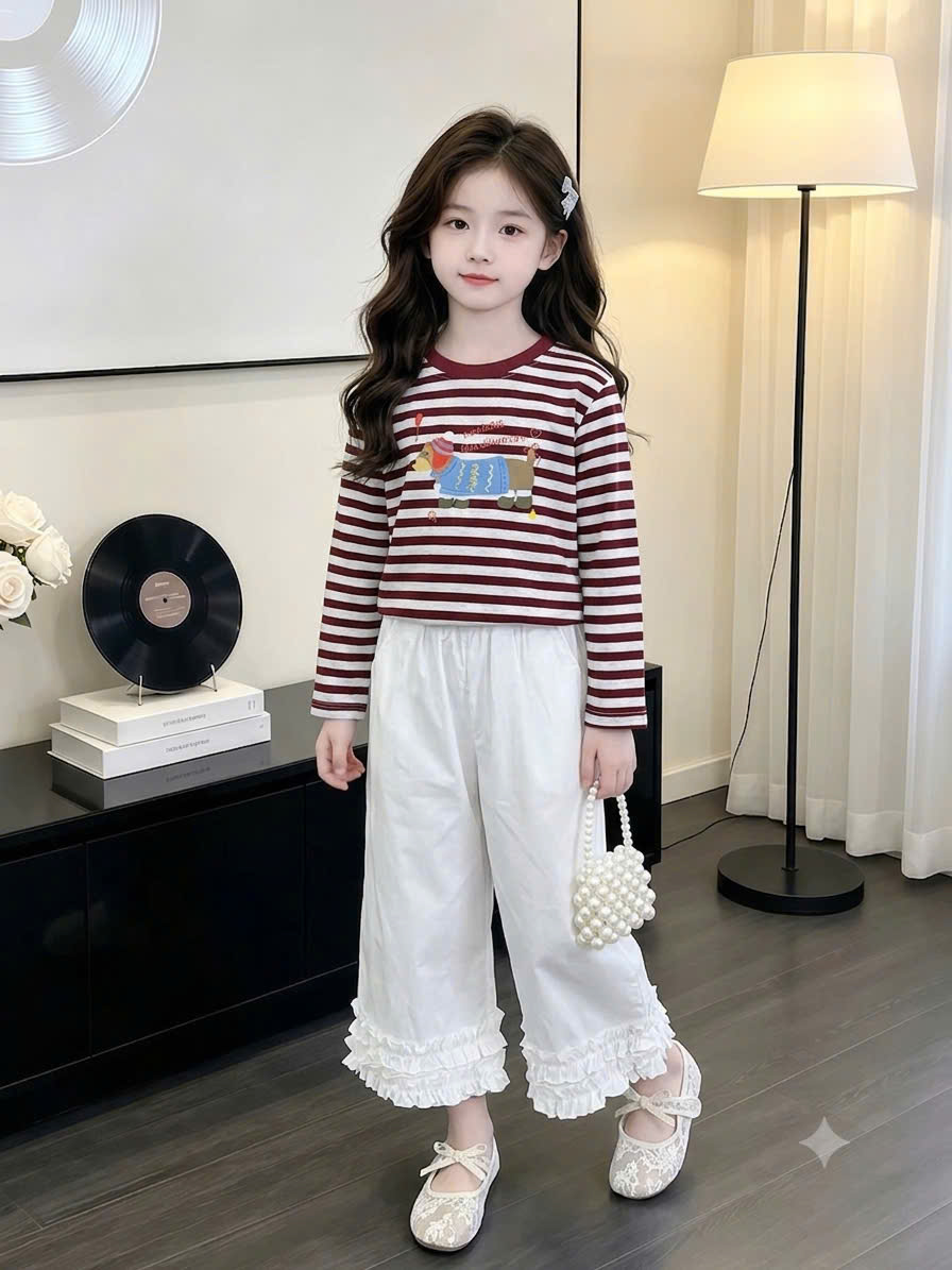 sét áo kẻ dài quần xuông gấu bèo lt bé gái