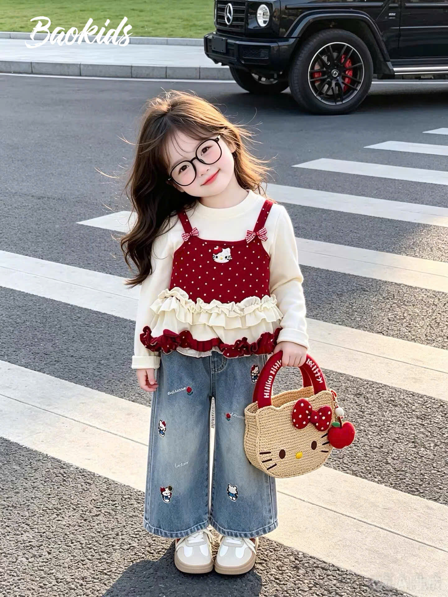 sét áo phối dây đỏ quần bò kitty bé gái