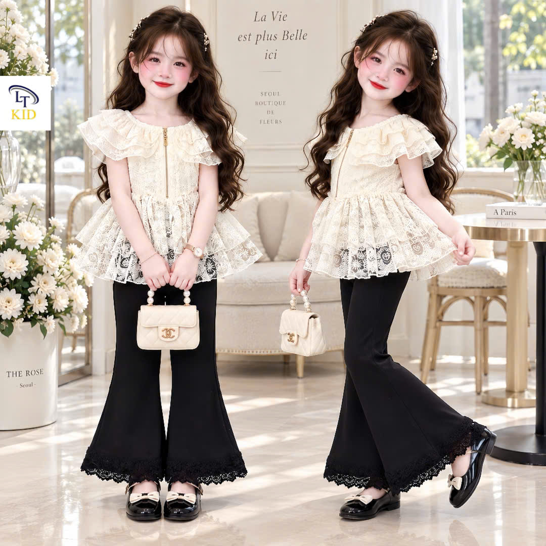 sét áo ren tiểu thue quần đen loe bé gái