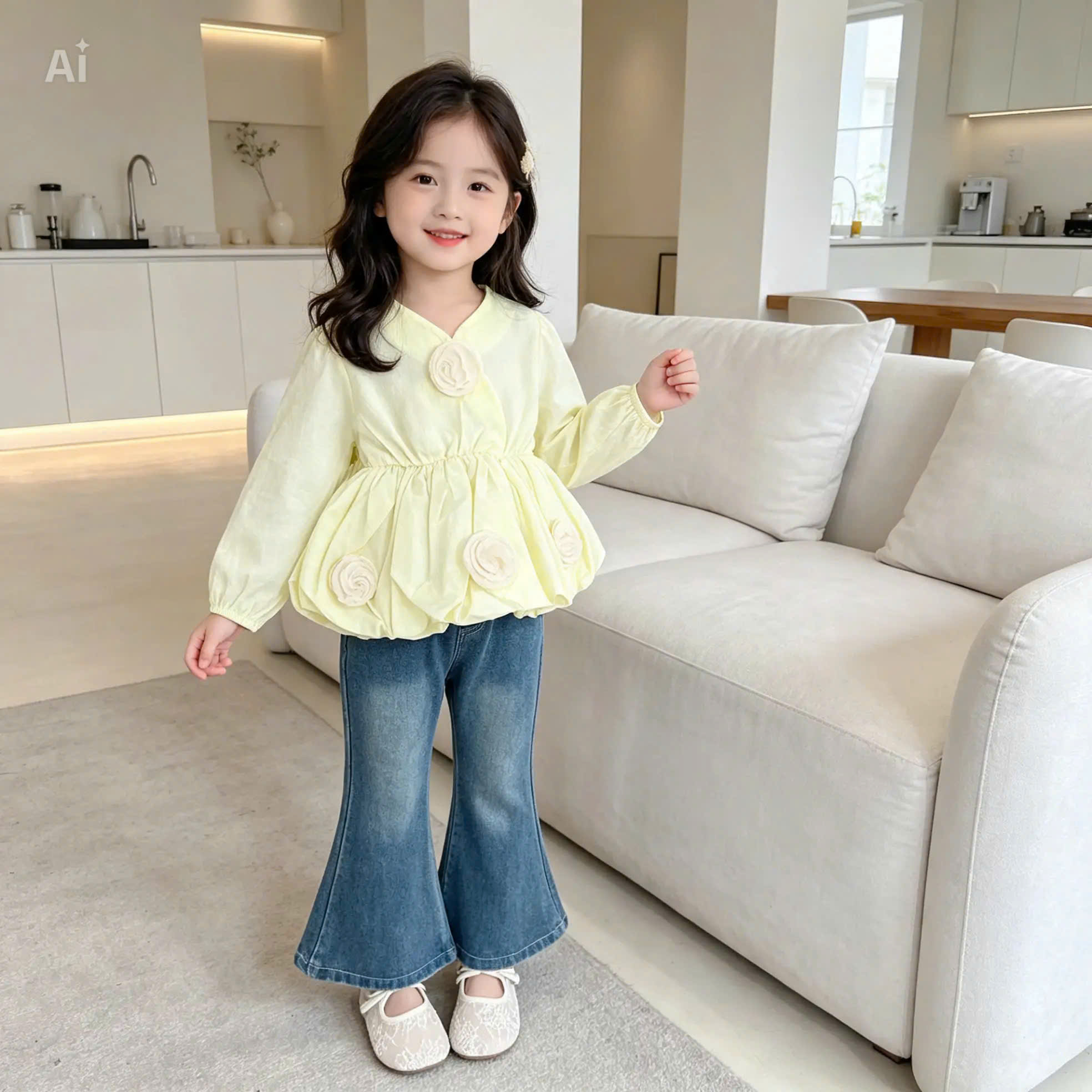 sét áo sơ mi bồng vàng quần bò loe bé gái