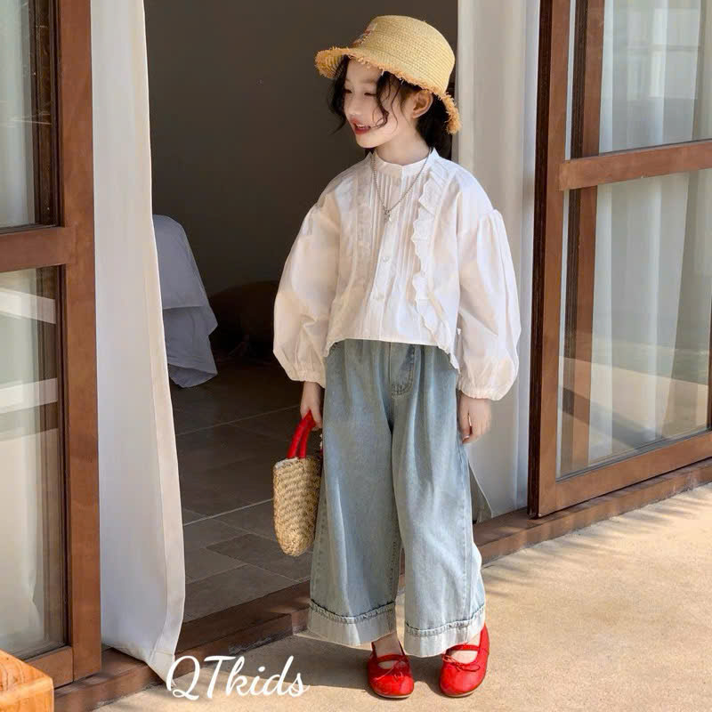 sét áo sơ mi trắng quần bò xuông bé gái