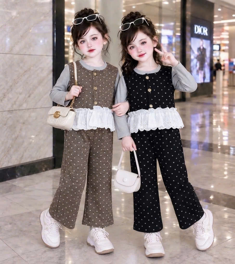 sét bộ 3 chi tiết áo gile nâu đen quần xuông bé gái